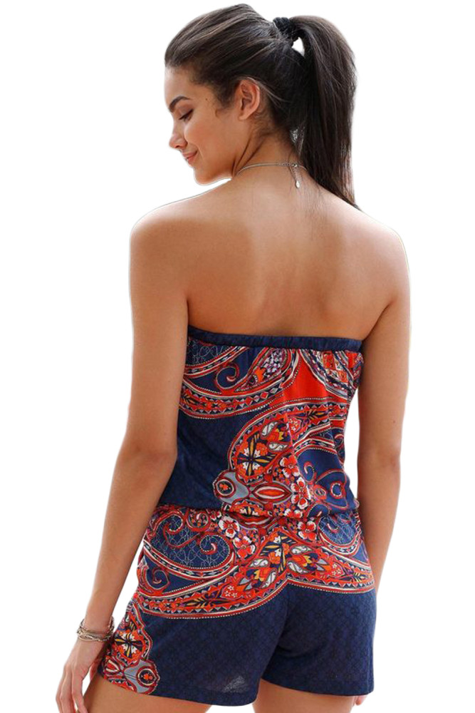Blue Strapless Floral Print Romper Overall