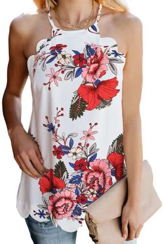 Red Summer Sleeveless Floral Print Tank Top