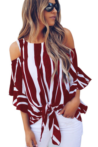 Red Cold Shoulder Vertical Stripes Blouse