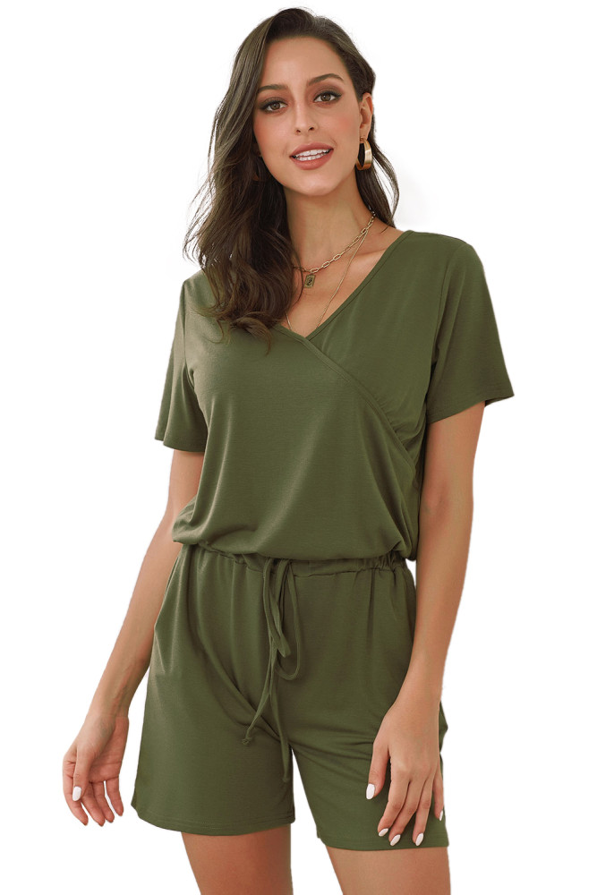 Green Casual Loose Short Sleeve Romper with Pockets