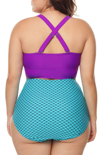 Plus Size Purple & Blue Scalloped Detail High Waist Swimsuit