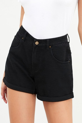 Black Vintage Denim High Waisted Folded Hem Jeans Shorts