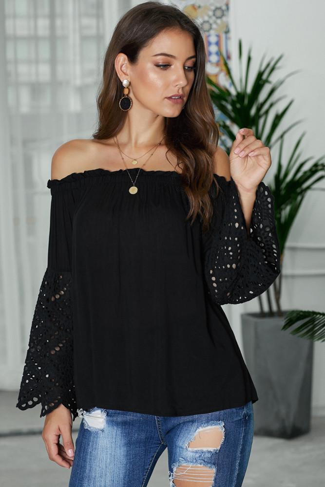 Black Off The Shoulder Eyelet Sleeves Blouse