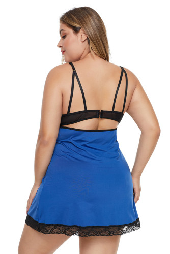Blue Plus Size Lace Neckline Lingerie Dress with Thong