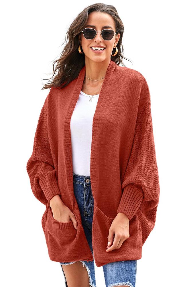 Orange Patch Pockets Batwing Sleeve Cardigan
