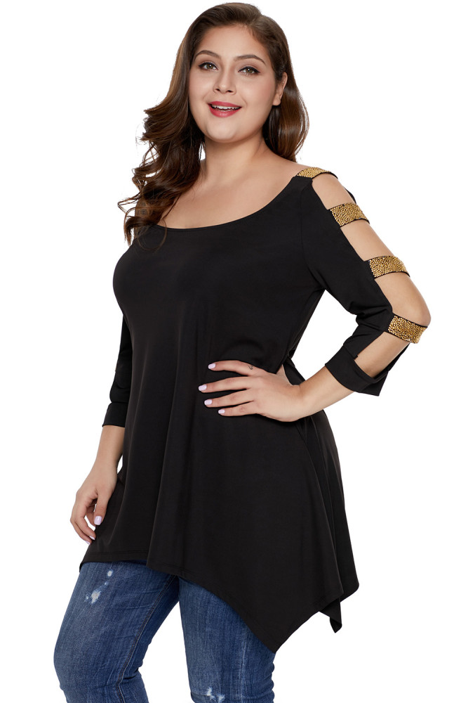 Black Plus Size Rhinestone Cutout Sleeve Top