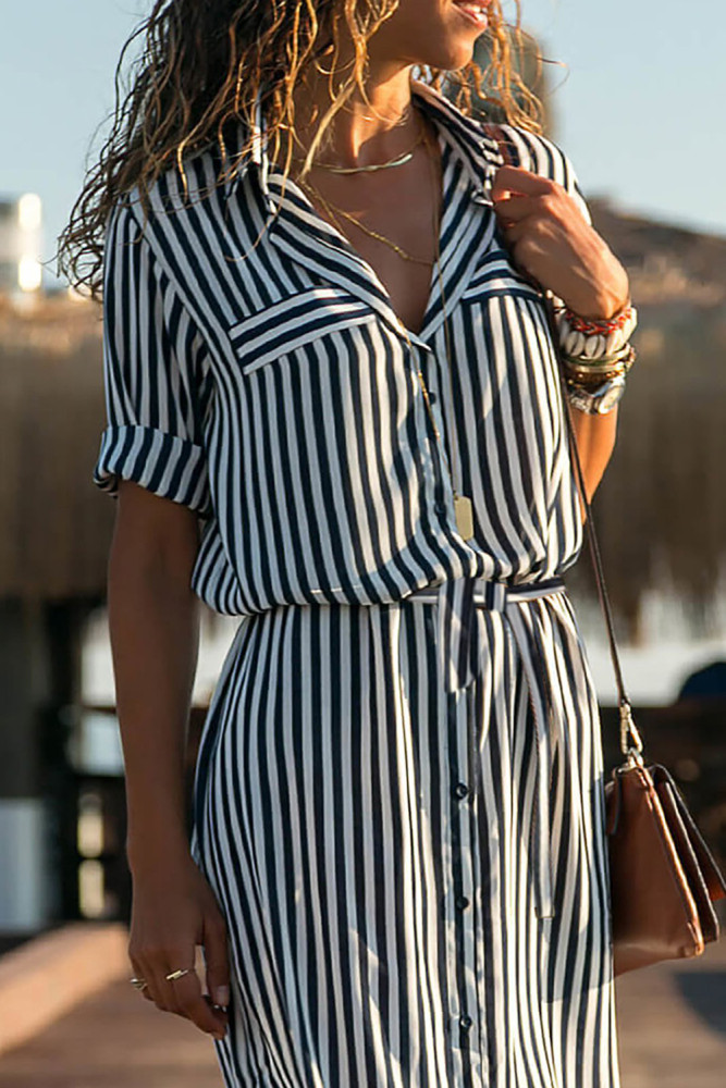 Black Striped Roll up Sleeve Button Down Maxi Shirt Dress