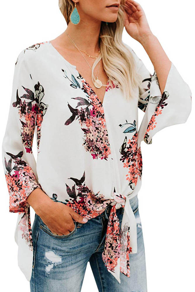 White V Neck Flared Sleeve Floral Blouse