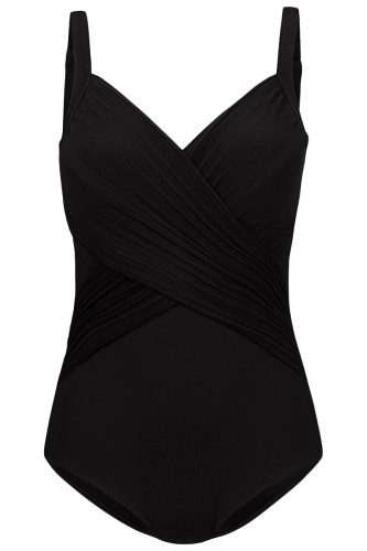 Black Pleated Cross Wrap Front Maillot