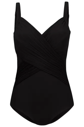 Black Pleated Cross Wrap Front Maillot