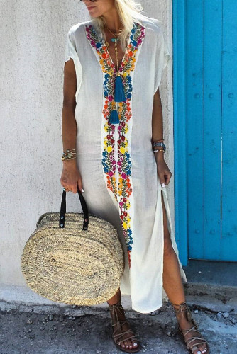 White Bohemian Pleated Printed Colour Slit Dress