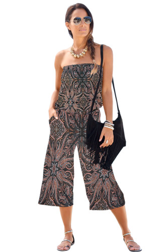 Brown Flower Print Bandeau Bodice Wide Leg Jumpsuit