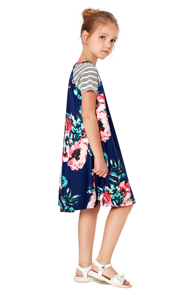 Blue Stripes Short Sleeve Floral Little Girl Dress