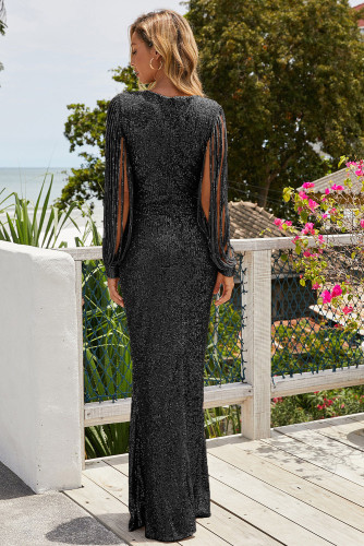 Black Sequin Fringe Sleeve Party Maxi Evening Dress