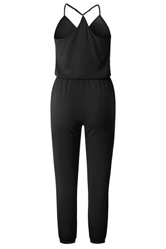 Black Buttoned V Neck Sleeveless Jumpsuit