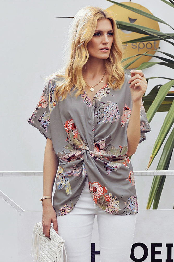 Gray Amaryllis Floral Twist Top