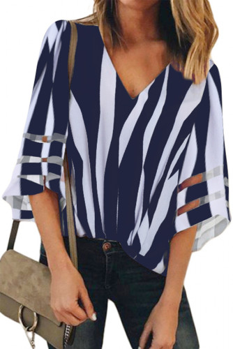 Blue 3/4 Bell Sleeve V Neck Lace Patchwork Shirt