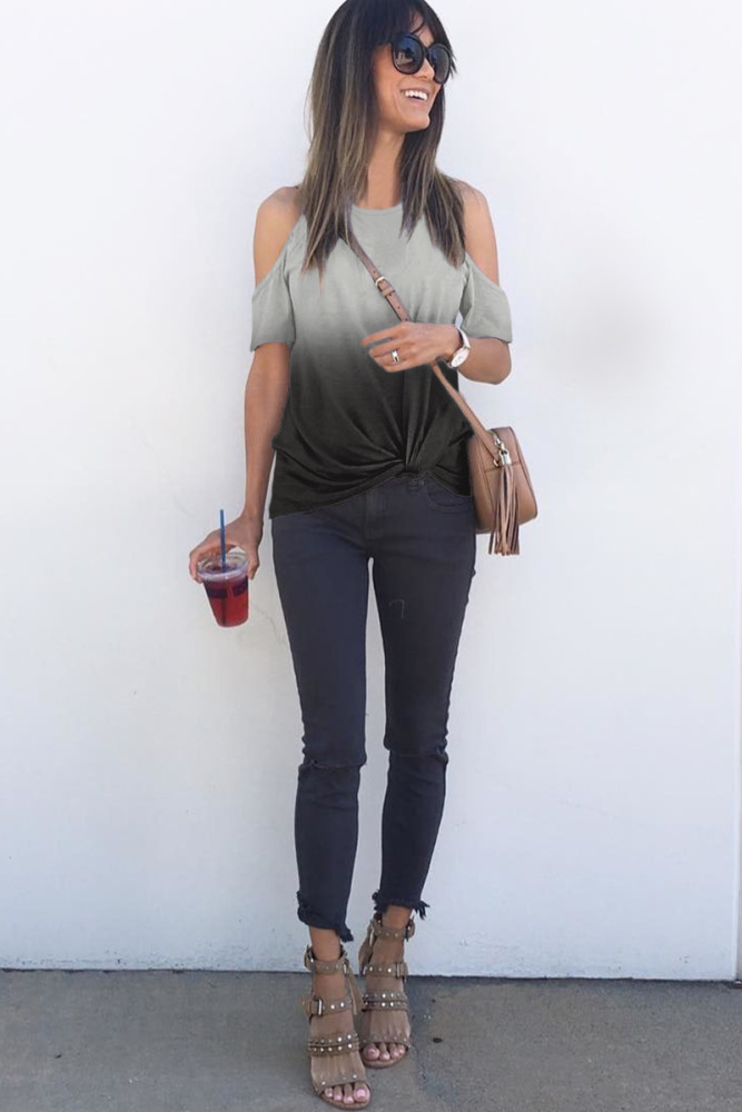 Gray Gradient Cold Shoulder Knot Twisted T-Shirt