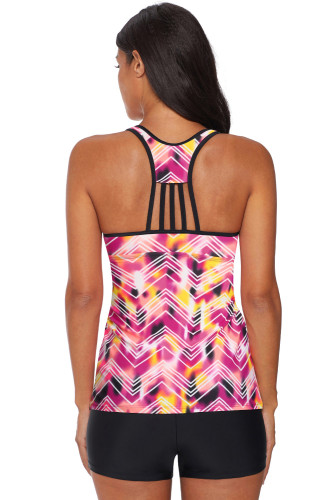 Rose Printed Tankini Top Solid Boyshort Swimsuit