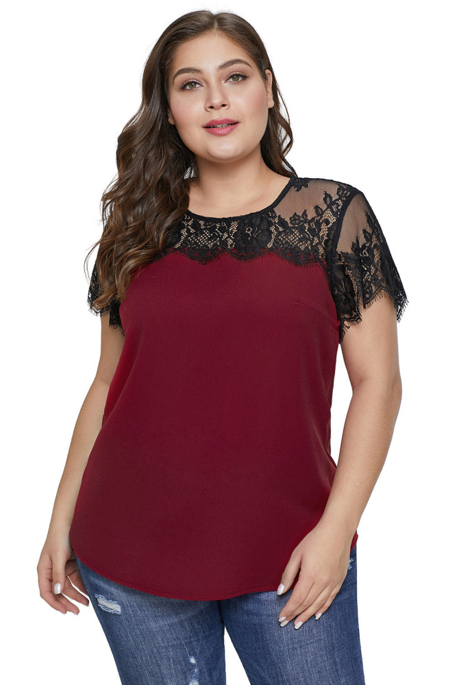 Red Lace Yoke Plus Size Top