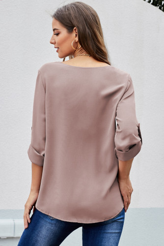Khaki Casual V Neck Zip up Half Sleeve Blouse