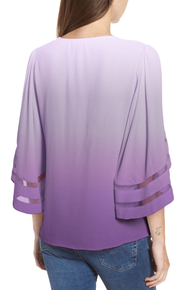 Purple Ombre Bell Sleeve V Neck Relaxing Fit Blouse