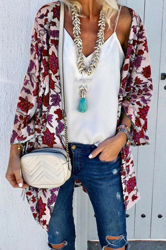 Red Floral Print Loose Kimono Cardigan Cape