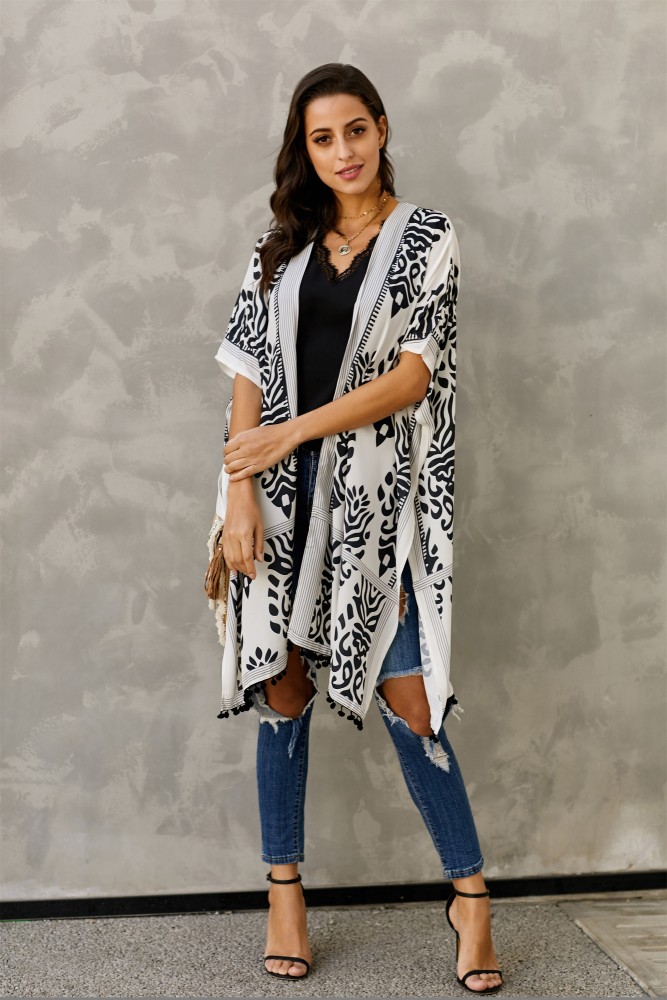 Black Prowess Pom Pom Kimono