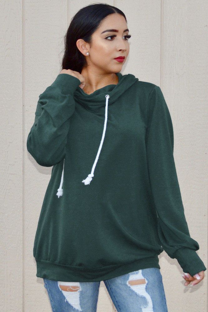 Green Long Sleeve Hoodie with Rope Drawstring