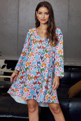 Multicolor Printed V-Neck Three Quarter Sleeve Loose Dress
