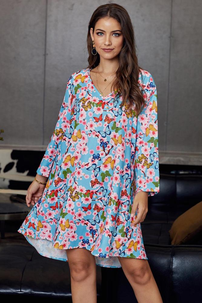 Multicolor Printed V-Neck Three Quarter Sleeve Loose Dress
