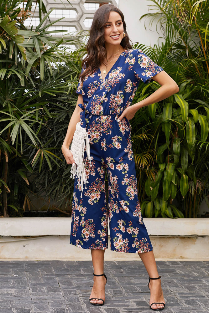Blue Wrap V Neck Floral Wide Leg Jumpsuit with Belt