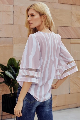 Pink 3/4 Bell Sleeve V Neck Lace Patchwork Shirt
