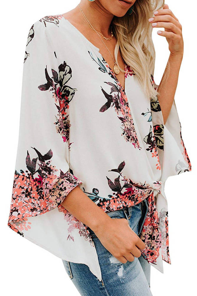 White V Neck Flared Sleeve Floral Blouse