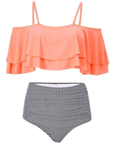 Orange Retro Flounce Tassel Off Shoulder High Waisted Bikini