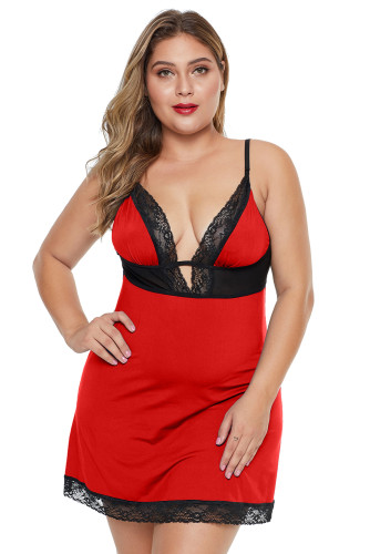 Red Plus Size Lace Neckline Lingerie Dress with Thong