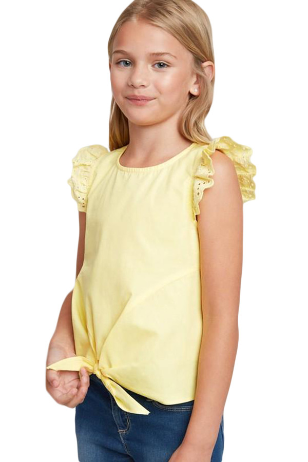 Yellow Eyelet Sleeve Tie-front Top