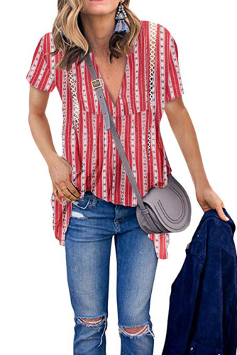 Red Boho Floral Printed V Neck Short Sleeve Blouse