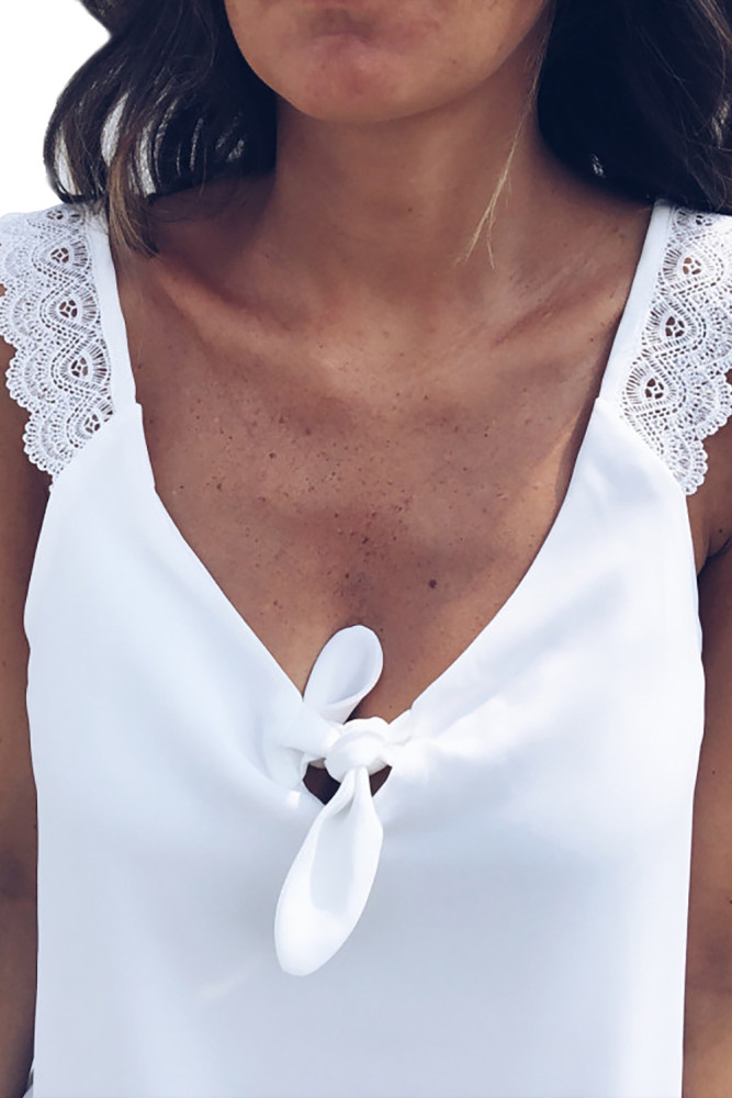 White Front Knot Lace Shoulder Sleeveless Tank Top