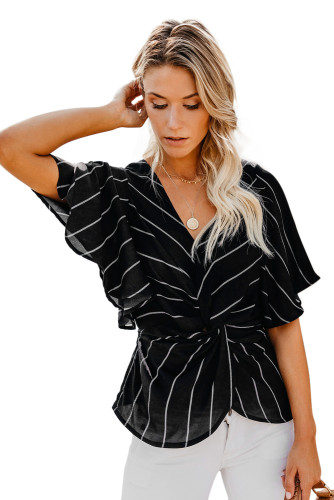 Black Twist Front V Neck Blouse