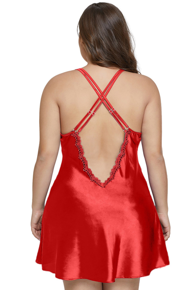 Red Plus Size Satin and Lace Chemise Set