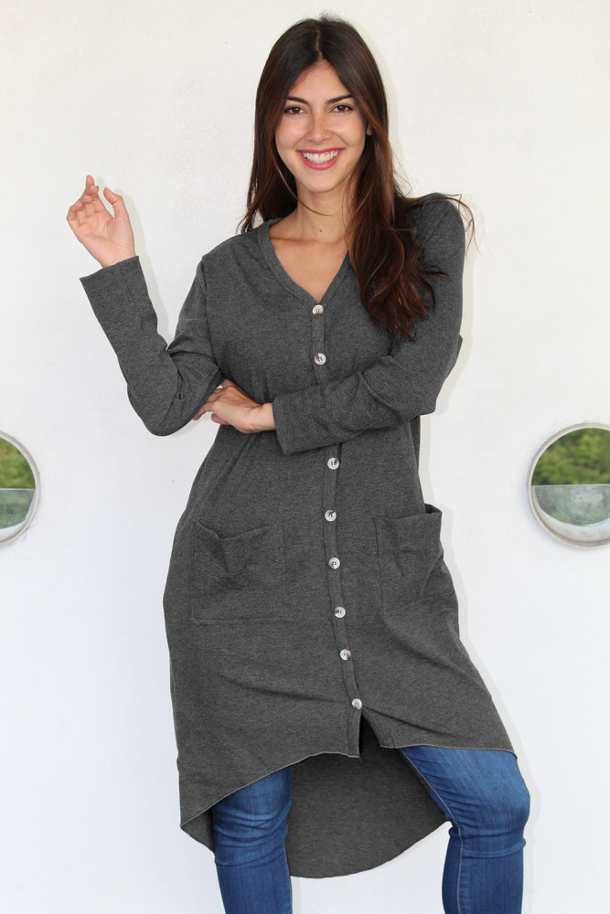 Gray Selected Button Down Pocketed High Low Cardigan
