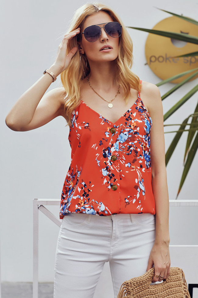 Orange Floral Print Button Down Tank Top