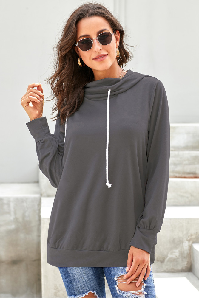 Gray Long Sleeve Hoodie with Rope Drawstring