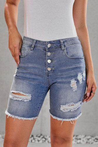 Blue Button Front Distressed Shorts