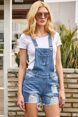 Raw Hem Ribbed Light Blue Denim Overall Shorts