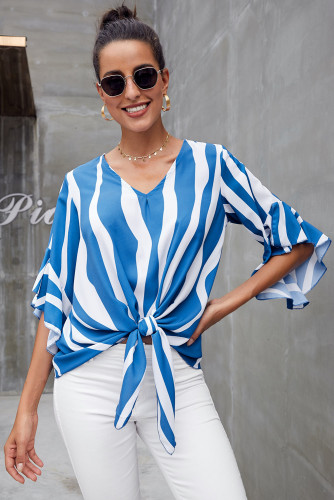 Sky Blue Vertical Stripes V Neck 3/4 Sleeve Blouse