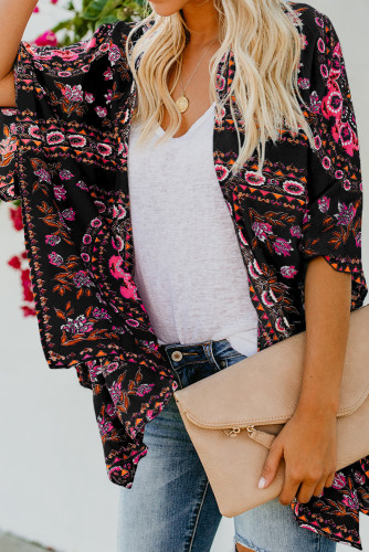 Black Floral Kimono Cardigan Open Front Cover Up