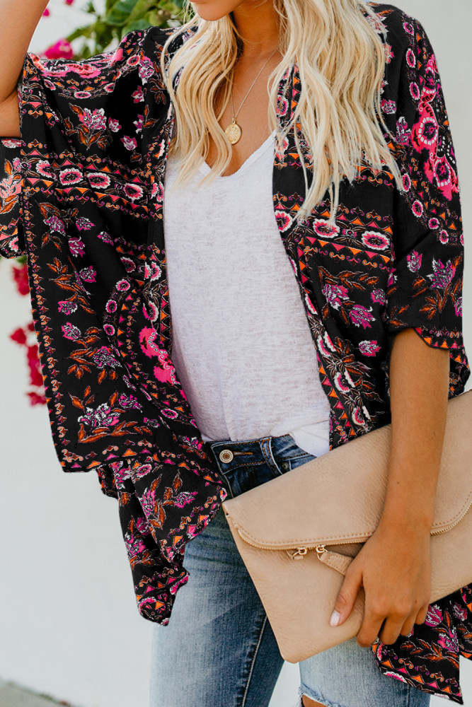 Black Floral Kimono Cardigan Open Front Cover Up