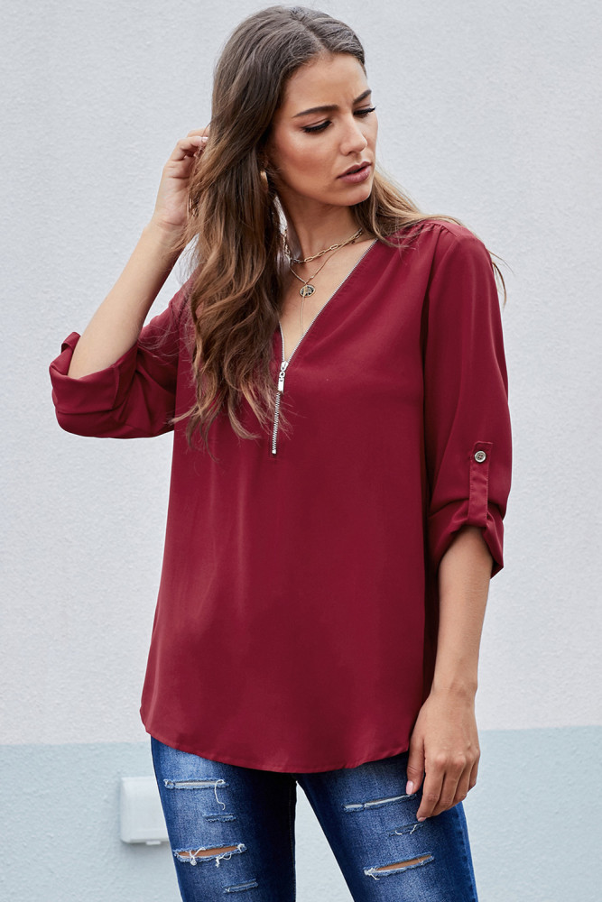 Red Casual V Neck Zip up Half Sleeve Blouse